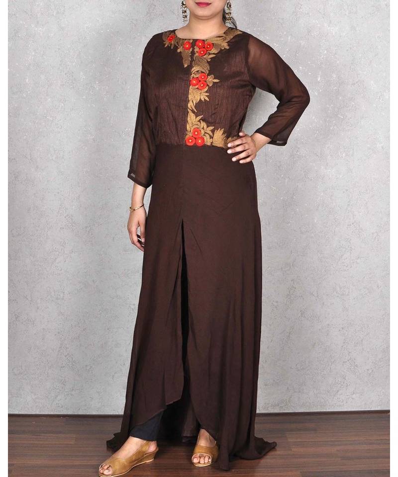 Brown Georgette Embroidered Dress