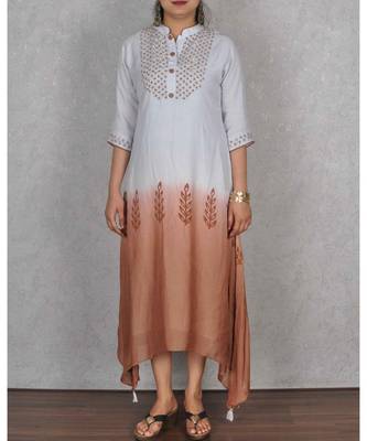 Light Blue & Brown Shaded Muslin Embroidered Dress 1