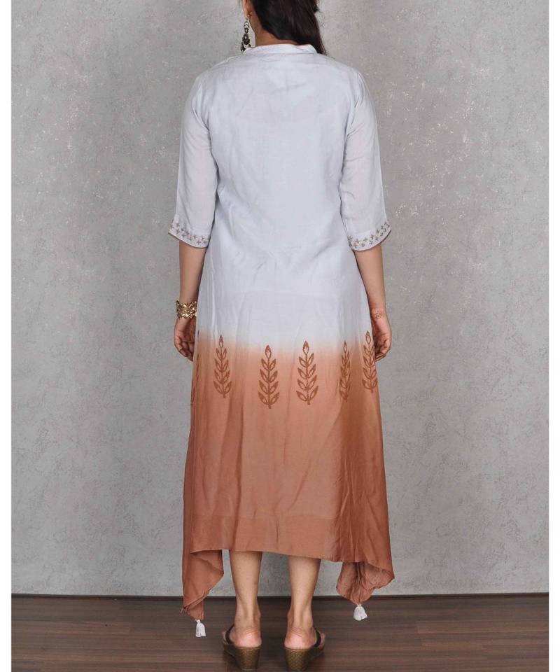 Light Blue & Brown Shaded Muslin Embroidered Dress