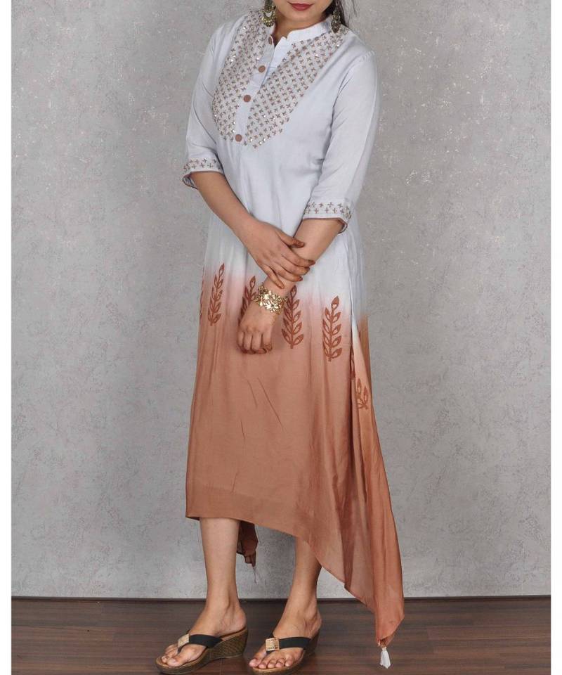 Light Blue & Brown Shaded Muslin Embroidered Dress