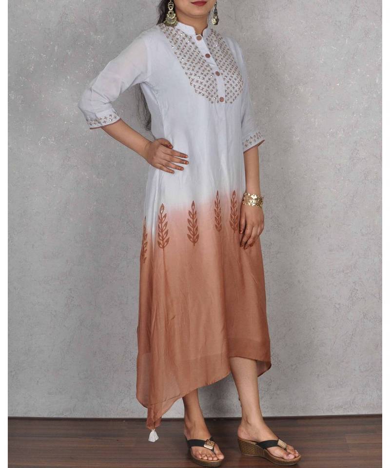 Light Blue & Brown Shaded Muslin Embroidered Dress
