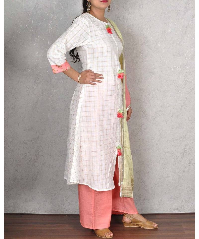 White & Peach Cotton Palazoo Suit