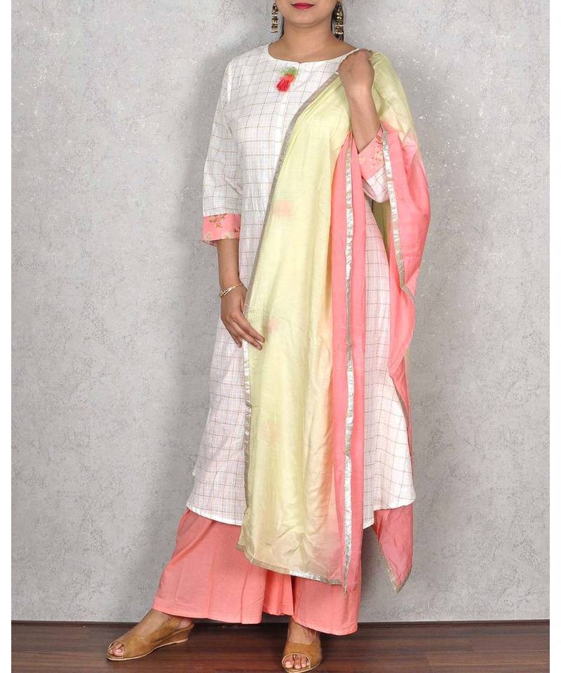 White & Peach Cotton Palazoo Suit