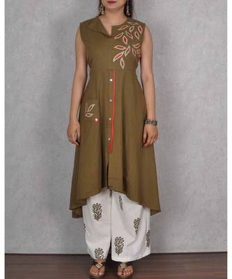 Mehendi Green & White Cotton 2Pcs Embroidered Dress 1