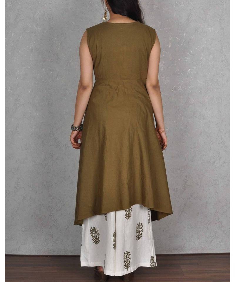 Mehendi Green & White Cotton 2Pcs Embroidered Dress