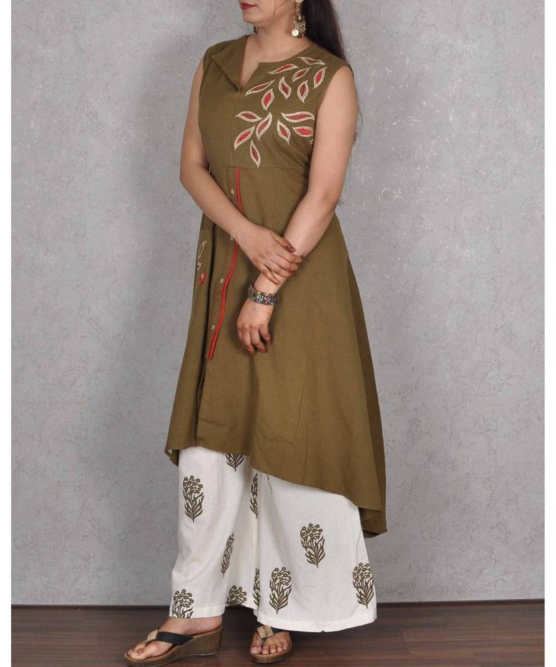 Mehendi Green & White Cotton 2Pcs Embroidered Dress