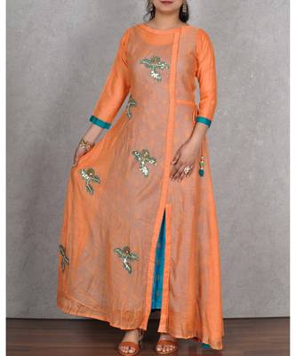 Orange & Firozi Embroidered Chanderi Silk 2pc Dress 1