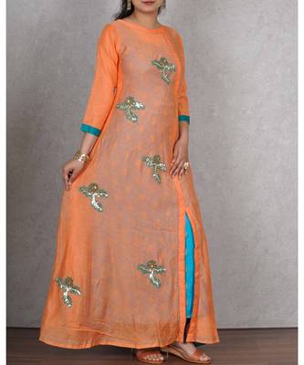 Orange & Firozi Embroidered Chanderi Silk 2pc Dress 3