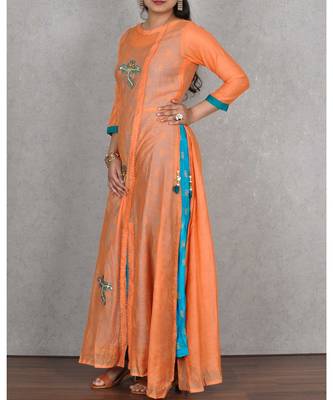 Orange & Firozi Embroidered Chanderi Silk 2pc Dress 4