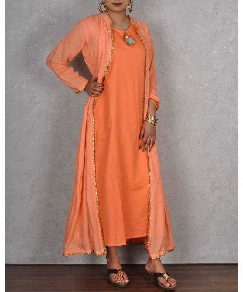 Peach Muslin 2pc Dress With Embroidered Back