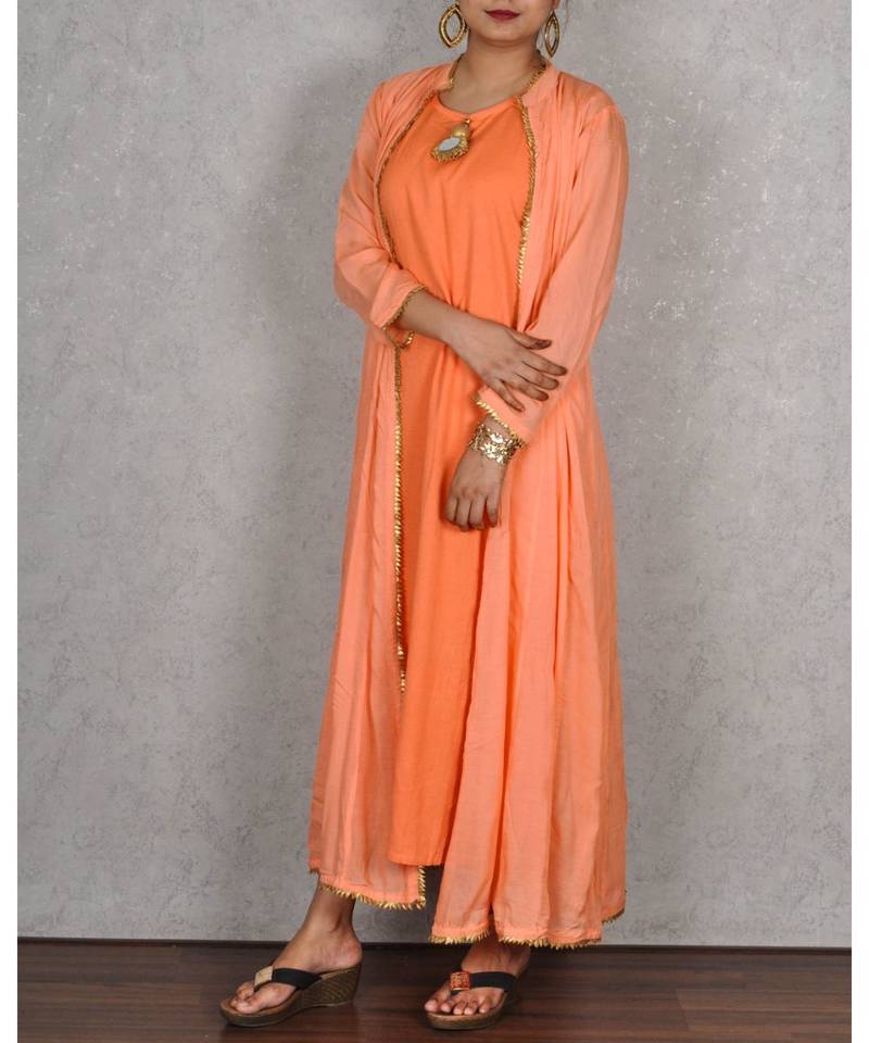 Peach Muslin 2pc Dress With Embroidered Back
