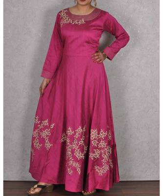 Wine Raw Silk Embroidered Gown 1