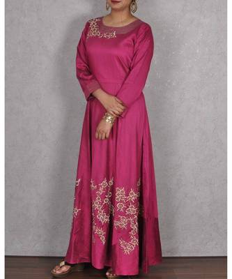 Wine Raw Silk Embroidered Gown 3