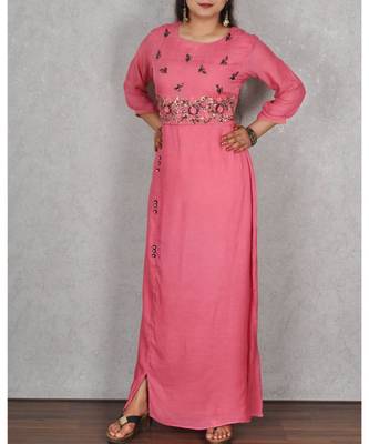Pink Muslin Gown with Hand Embroidery 1