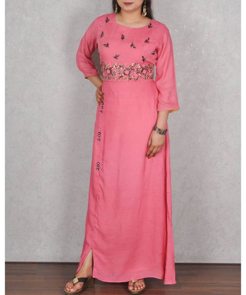 Pink Muslin Gown with Hand Embroidery
