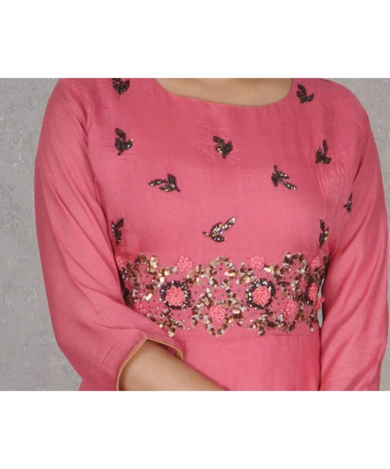 Pink Muslin Gown with Hand Embroidery