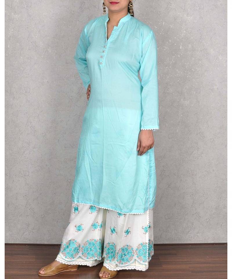 Firozi Muslin Embroidered Palazoo Suit