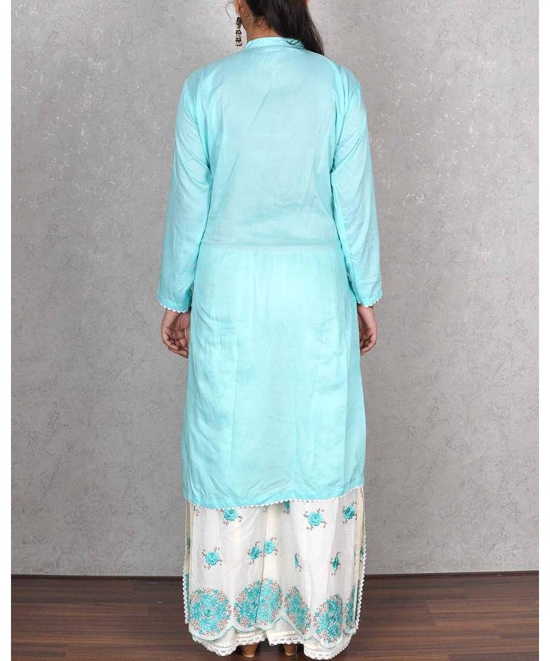 Firozi Muslin Embroidered Palazoo Suit