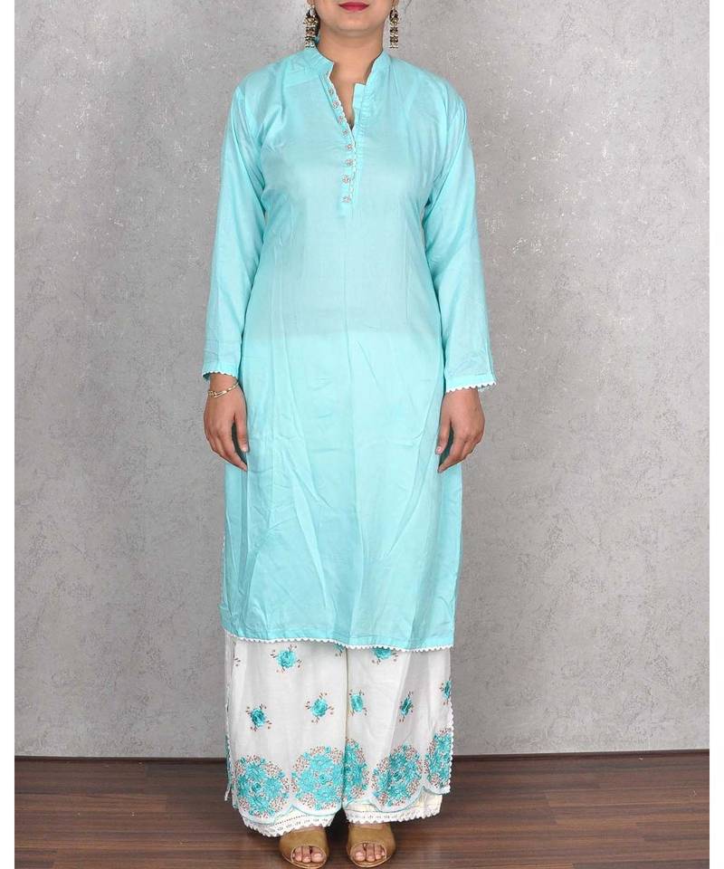 Firozi Muslin Embroidered Palazoo Suit