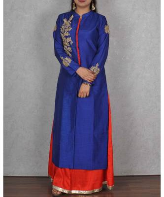 Blue & Red Raw Silk Floor Length Dress with Hand Embroidery 1