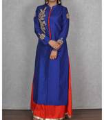 Blue & Red Raw Silk Floor Length Dress with Hand Embroidery