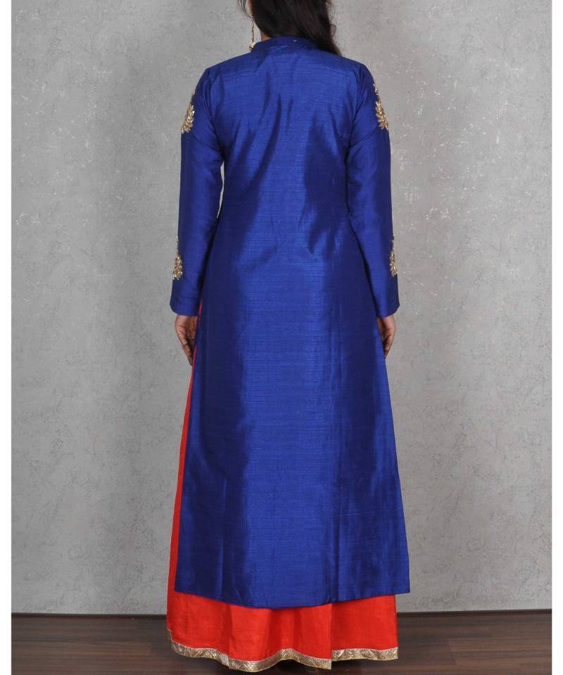 Blue & Red Raw Silk Floor Length Dress with Hand Embroidery