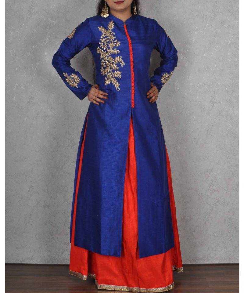 Blue & Red Raw Silk Floor Length Dress with Hand Embroidery