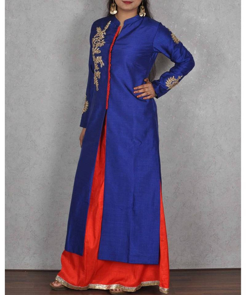 Blue & Red Raw Silk Floor Length Dress with Hand Embroidery