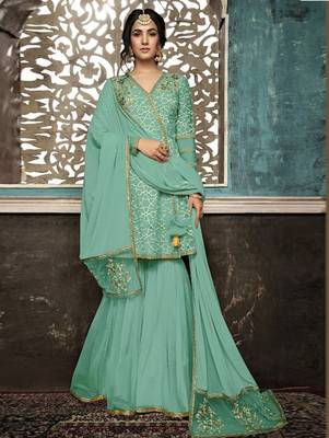 Soft Cyan Wedding Wear Designer Plazo Suit  1