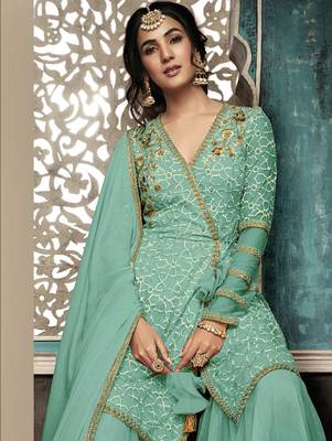 Soft Cyan Wedding Wear Designer Plazo Suit  2