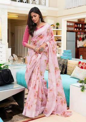 Multicolor Printed Linen Saree With Blouse 1