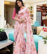Multicolor Printed Linen Saree With Blouse