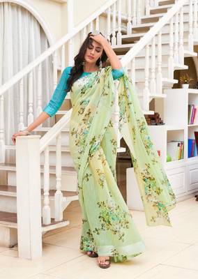 Multicolor Printed Linen Saree With Blouse 1