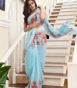 Multicolor Printed Linen Saree With Blouse