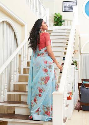 Multicolor Printed Linen Saree With Blouse 2