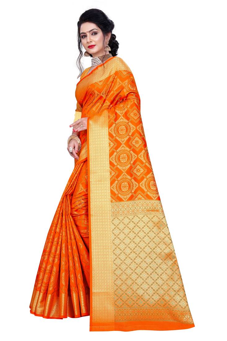Orange Woven Banarasi Saree With Blouse