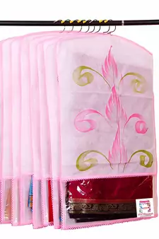 Atorakushon   Fabric Printed Hanging Saree Cover Wardrobe Organiser  Multi Color Pack Of 6