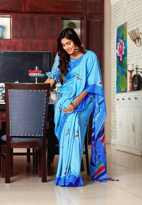 Blue woven jute saree with blouse 1