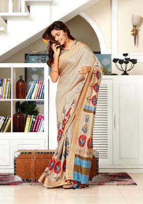 Beige woven jute saree with blouse 1