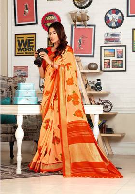 Orange woven jute saree with blouse 1