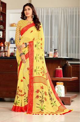 Yellow woven jute saree with blouse 1