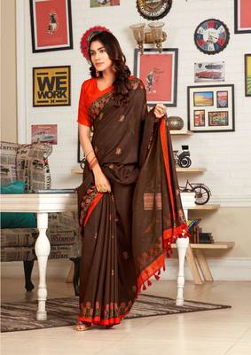Brown woven jute saree with blouse 1