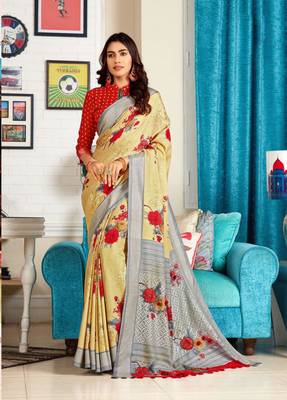 Light yellow woven jute saree with blouse 1