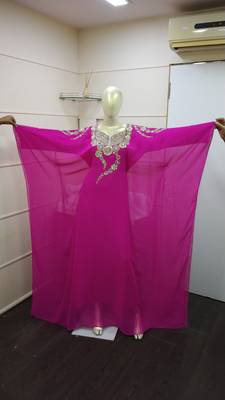 Pink-Rani Zari Work Chiffon Polyester Islamic Party Wear Festive Kaftan Farasha 1
