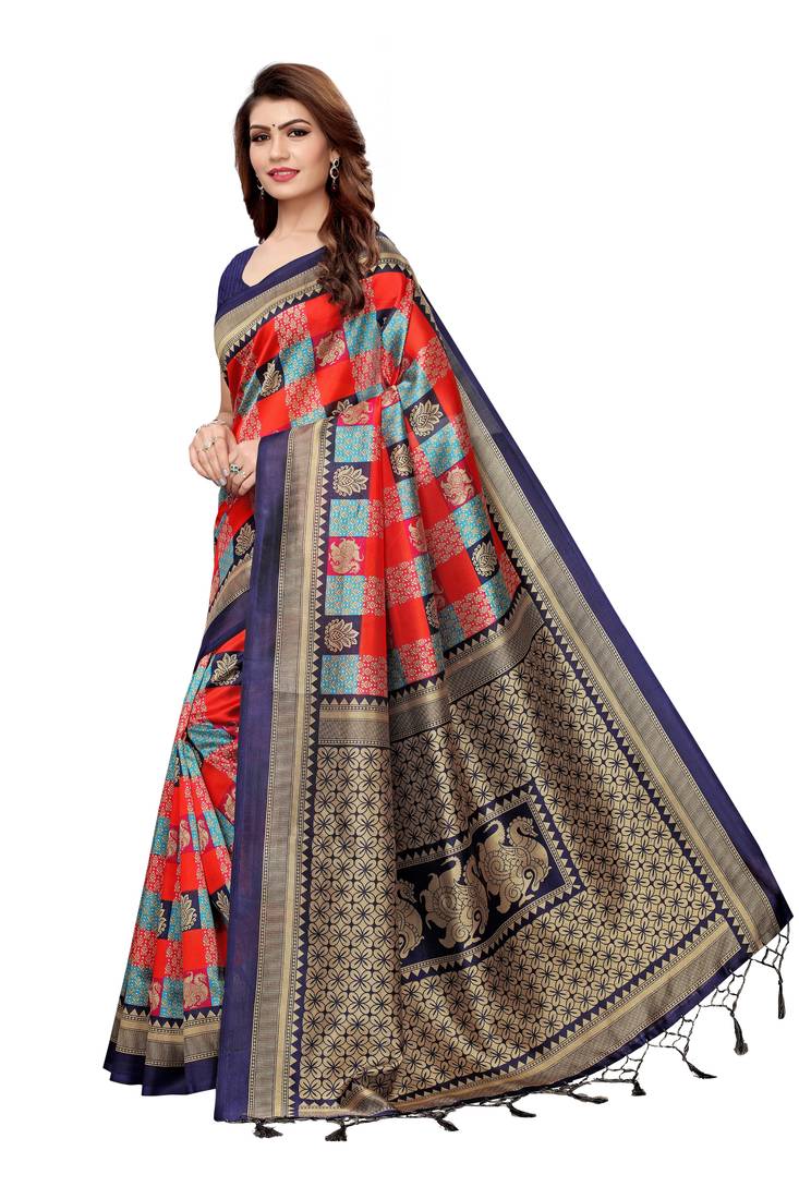 Multicolor Printed Art Silk Saree With Blouse