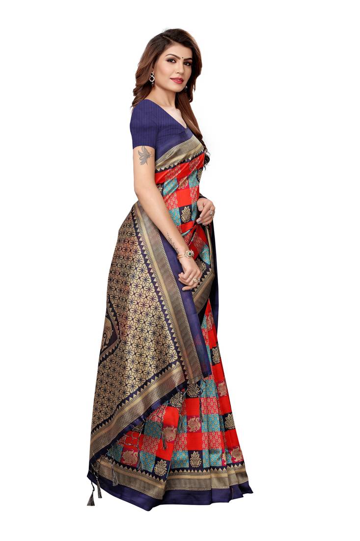 Multicolor Printed Art Silk Saree With Blouse