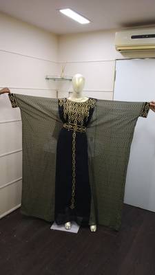 Black Print Zari Work Chiffon Polyester Islamic Party Wear Festive Farasha Kaftan  1
