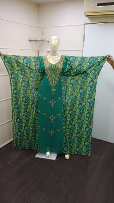 Green Zari Work Chiffon Polyester Islamic Party Wear Festive Kaftan Farasha 1