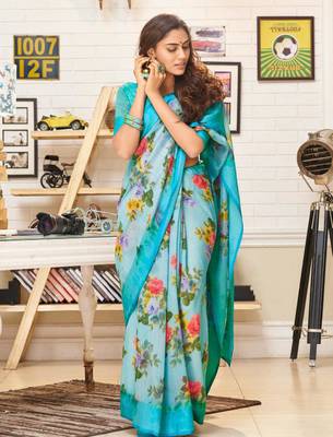 Blue woven linen saree with blouse 1