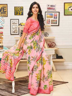 Pink woven linen saree with blouse 1